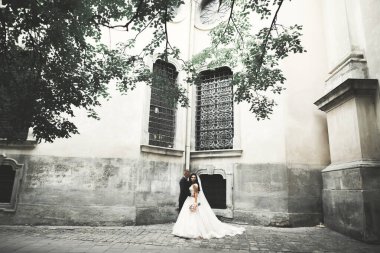 Kafkasyalı mutlu romantik çift evliliklerini kutluyor. Açık hava.