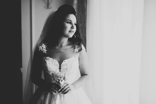 Bella sposa indossa abito da sposa di moda con piume con lusso delizia make-up e acconciatura, servizio fotografico indoor studio — Foto Stock
