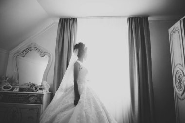 Tüylü, lüks makyaj, saç stili, stüdyo içi fotoğraf çekimi olan güzel bir gelin.