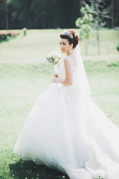 Hermosa novia joven de lujo en vestido de novia posando en el parque — Foto de Stock