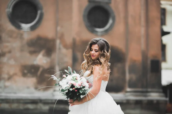 Hermosa novia de lujo en vestido blanco elegante —  Fotos de Stock