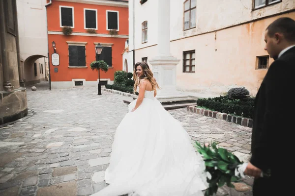 Mükemmel bir çift gelin ve damat düğün günlerinde poz verip öpüşürler.