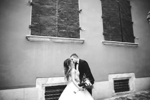 Casal perfeito noiva, noivo posando e beijando em seu dia do casamento — Fotografia de Stock