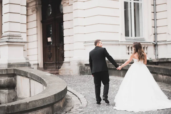 Perfect koppel bruid, bruidegom poseren en kussen in hun trouwdag — Stockfoto