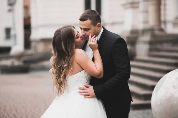 Tökéletes pár menyasszony, vőlegény pózol és csók az esküvő napján — Stock Fotó