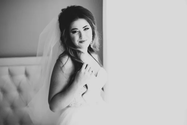 Portrait of beautiful bride with fashion veil at wedding morning — Stok Foto