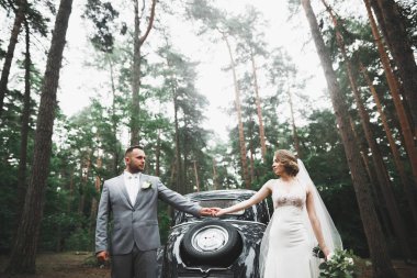 Kafkasyalı mutlu romantik çift evliliklerini kutluyor. Açık hava.