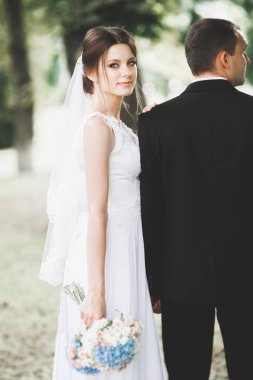 Parkta kucaklaşan yeni evli çiftin güzel romantik düğünü.