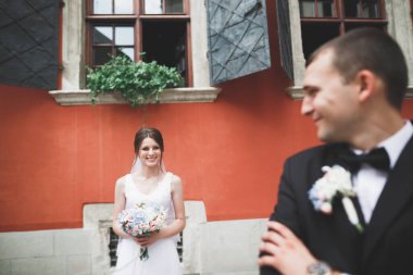 Mükemmel bir çift gelin ve damat düğün günlerinde poz verip öpüşürler.