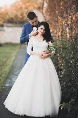 Mükemmel bir çift gelin ve damat düğün günlerinde poz verip öpüşürler.