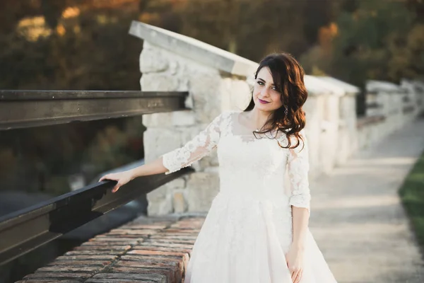 Bela noiva posando em vestido de noiva ao ar livre — Fotografia de Stock