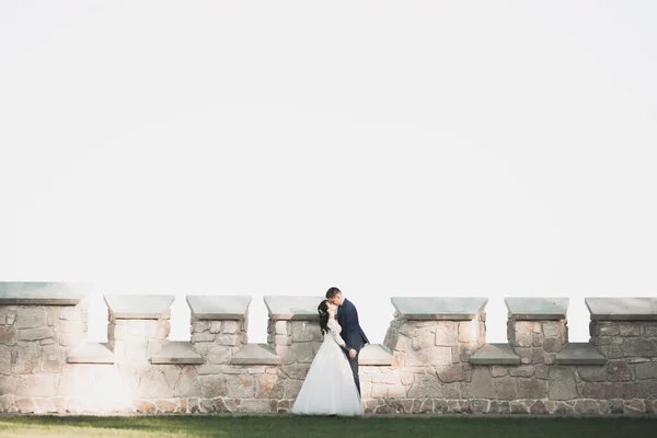 Perfektes Paar Braut, Bräutigam posiert und küsst sich am Hochzeitstag — Stockfoto