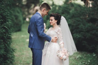 Botanik parkında yürüyen mutlu bir çift.