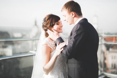 Muhteşem bir düğün çifti eski Lviv şehrinde yürüyor.