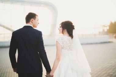 Lüks evli çift, gelin ve damat eski şehirde poz veriyor.