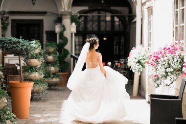 Parkta mükemmel bir elbiseyle dönen güzel gelin.