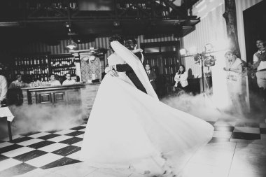 Güzel bir düğün çifti yeni evlendi ve ilk danslarını ediyorlar.