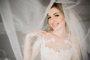 Gelinin güzel portresi moda gelinliği içinde tüylü, lüks makyaj ve saç stili.