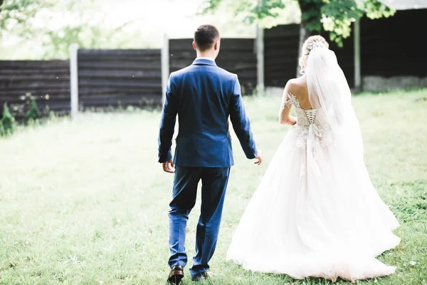 Schöne Braut und Bräutigam umarmen und küssen sich am Hochzeitstag im Freien — Stockfoto