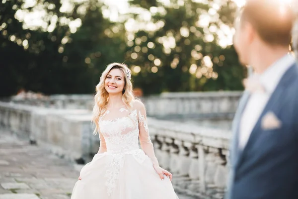 Sonnenschein Porträt von glücklichen Braut und Bräutigam draußen in der Natur Lage — Stockfoto