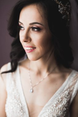 Tüylü, lüks makyaj, saç stili, stüdyo içi fotoğraf çekimi olan güzel bir gelin.