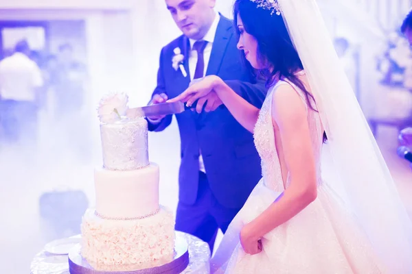 Novia y novio en la boda de corte de la torta de boda — Foto de Stock