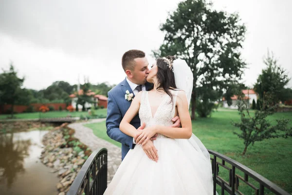 Romantique, conte de fées, couple de jeunes mariés heureux embrassant et embrassant dans un parc, arbres en arrière-plan — Photo