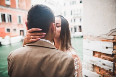 Romantik, peri masalı, mutlu yeni evli çift parkta sarılıp öpüşüyor, arka planda ağaçlar...