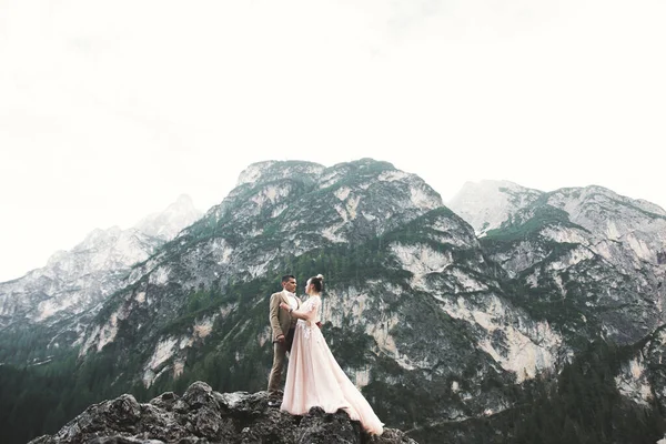 Momento de boda romántico, pareja de recién casados sonriendo retrato, novia y novio abrazándose — Foto de Stock