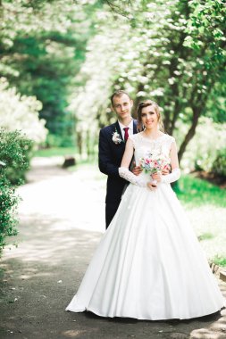 Parkta kucaklaşan yeni evli çiftin güzel romantik düğünü.