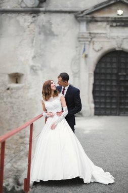 Romantik düğün anı, yeni evli çiftin gülümseyen portresi, gelin ve damadın kucaklaşması