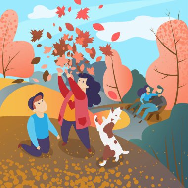 Sonbahar parkı vektör illüstrasyonunda aile