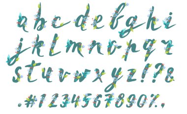 Beyaz üzerine el çizimi bahar çiçekli alfabe