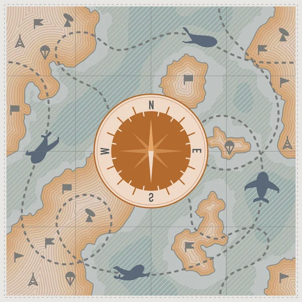 Kompas op oude kaart met vliegtuigen en militaire tekenen — Stockvector