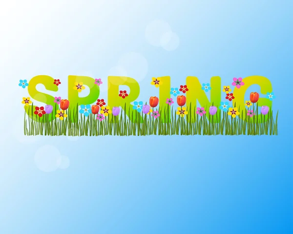 Word bahar çiçekleri ve çim gökyüzü ile