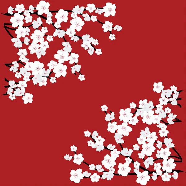 Şu yeni gelişen ağaç dalı kırmızı zemin üzerine beyaz çiçekli