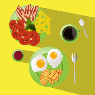 Kahvaltı: Kahve, peynir, pastırma, domates, patates, kızarmış yumurta, S