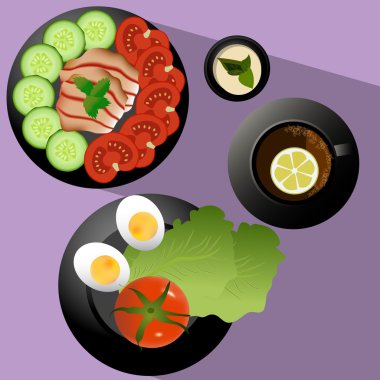 Kahvaltı: Çay, limon, eti, domates, salatalık, haşlanmış yumurta, Sauc