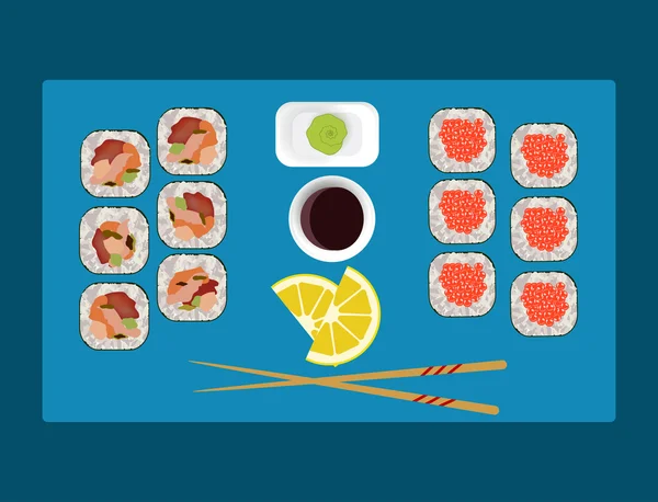 Ensemble de sushis, wasabi, sauce soja ; citron, baguettes — Image vectorielle