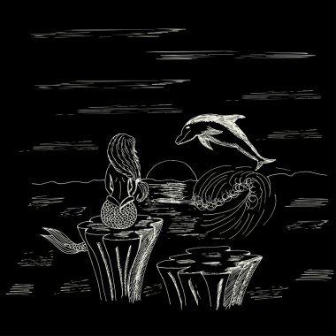 Kayanın üzerinde oturan ve seyir vasıl deniz kızı vektör çizimi 