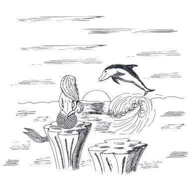 Kayanın üzerinde oturan ve yunus beyaz arka plan üzerinde seyir deniz kızı vektör çizimi