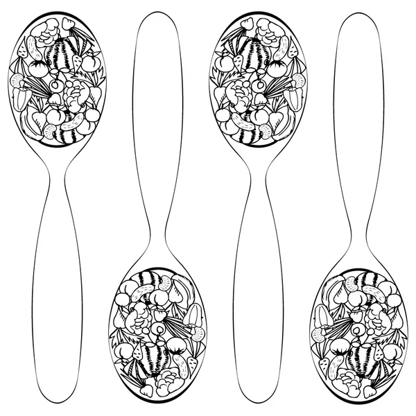 Set of spoons with vegetables and fruit. Black and white sample — Stock Vector
