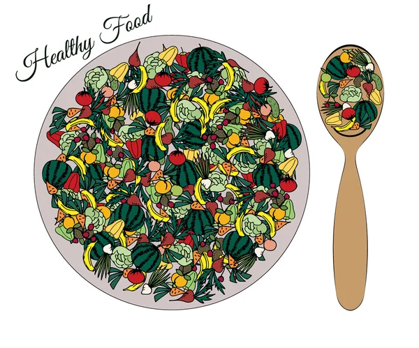蔬菜和水果的小盘子和勺子 — 图库矢量图片