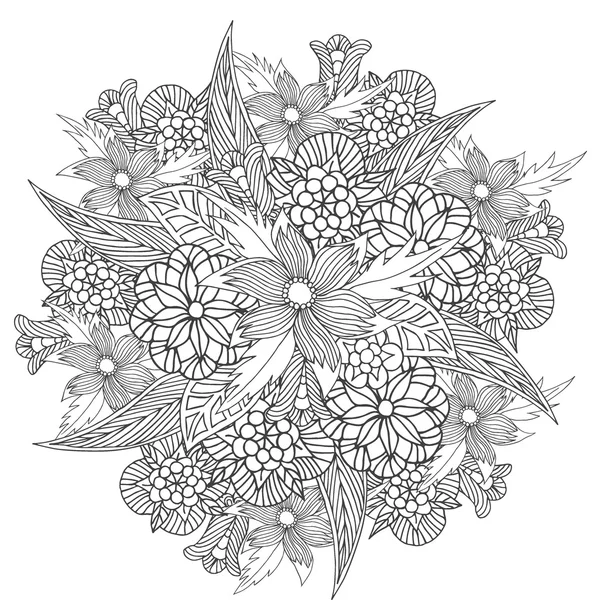 Cercle ornement avec des fleurs. Modèle floral pour livre à colorier.Échantillon noir et blanc.Zentangle. Mandala. Art dessiné à la main. Doodle — Image vectorielle