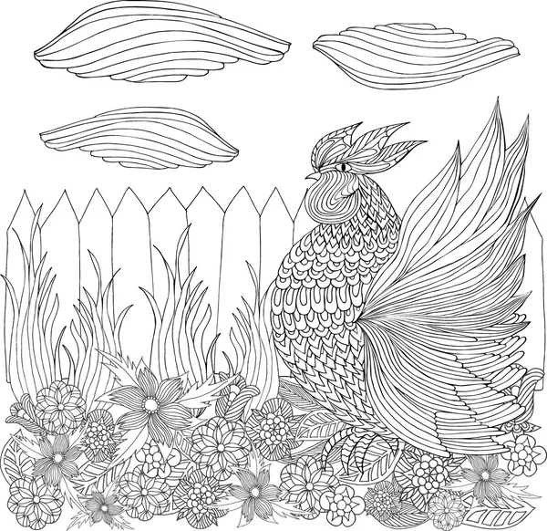 Horoz (horoz) Çiçek bahçesinde. Elle çizilmiş kroki. Sayfa için c