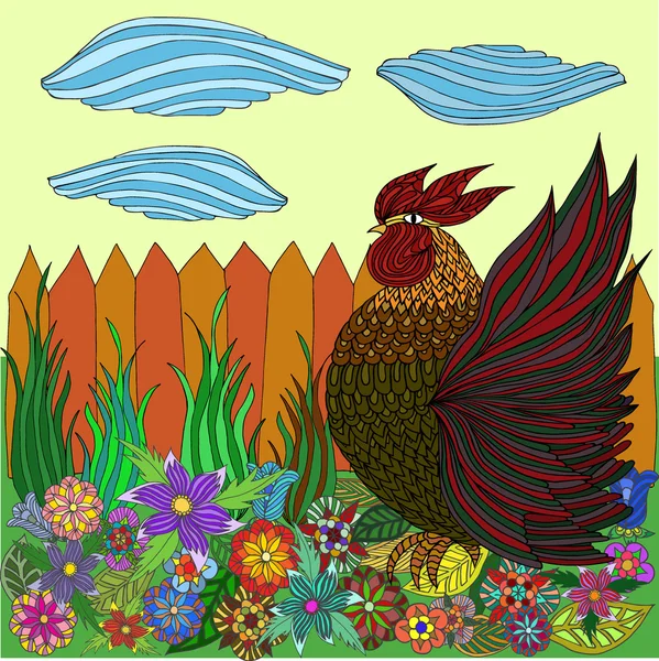 Bir bahçe çiçek ve yeşillik ile horoz. Bulutlar, çit. Renk vektör çizim. 2017 sembolü. Elle çizilmiş kroki. Stilize Zentangle