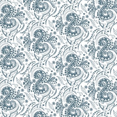 Vektör seamless modeli el yapımı yaprak, çiçek, dalgalar, scro ile