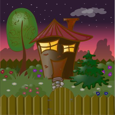 Cartoon house in summer night with a tree, a fir-tree and bushes in the garden behind a fence. Vector illustration. clipart