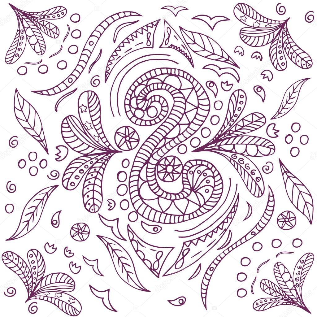 Reticolo di vettore con foglia a mano fiori onde scorrimento ricciolo e gabbiani Stile di Doodle Pagina per libro da colorare — Vettoriali di