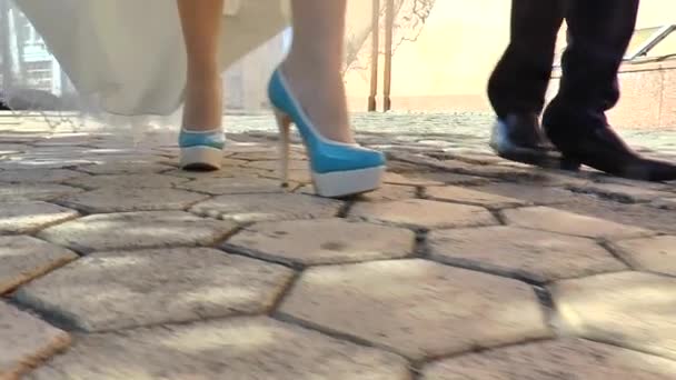 Legs of bride and groom in the movement area — Stock Video